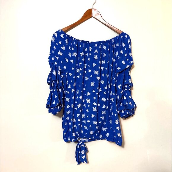 Womens Blue Floral Off-Shoulder Blouse With Tie Hem Ruffle Sleeves L 100% Rayon - Picture 6 of 8